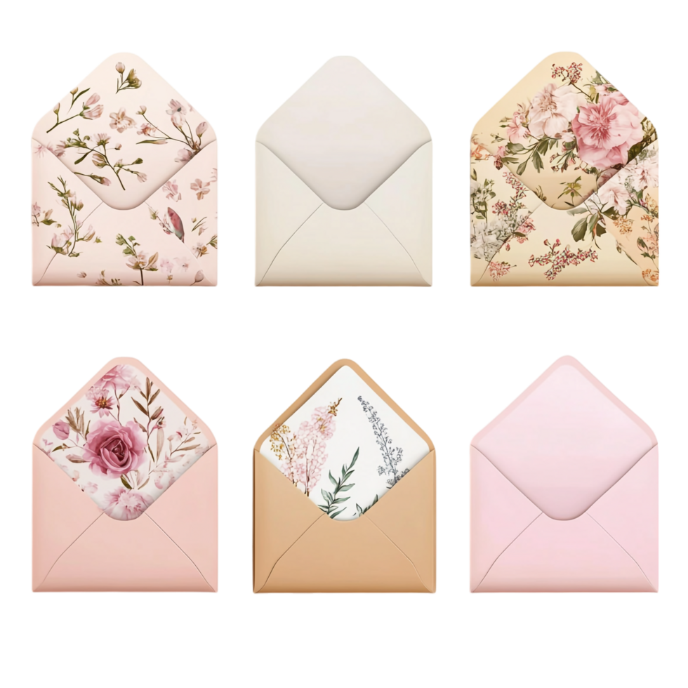 A set of six envelopes with various designs png