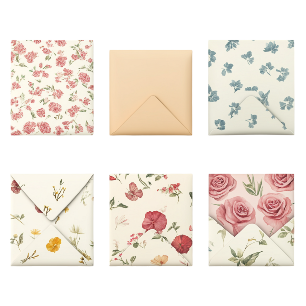 A set of six envelopes with various designs png