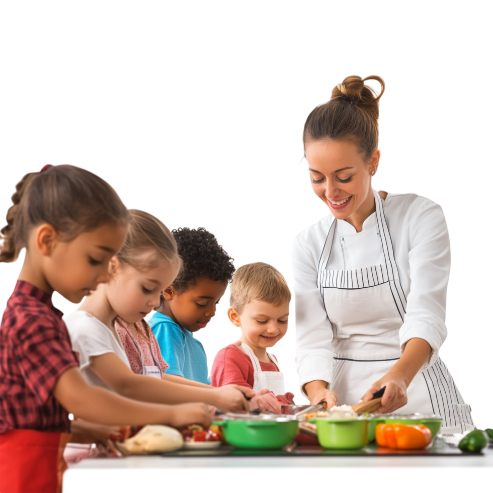 Children and teacher cooking in a kitchen class png