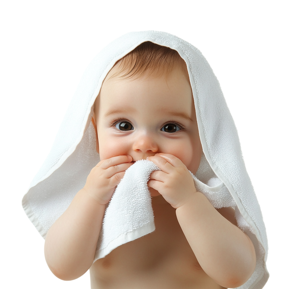 Baby wiping face with a towel, isolated against a transparent background png