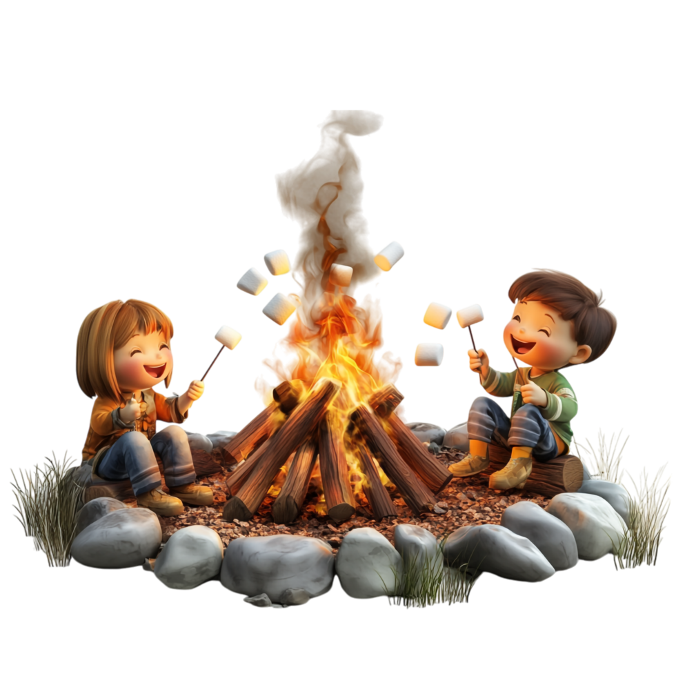 Group of Kids Roasting Marshmallows by a Bonfire in the Forest png