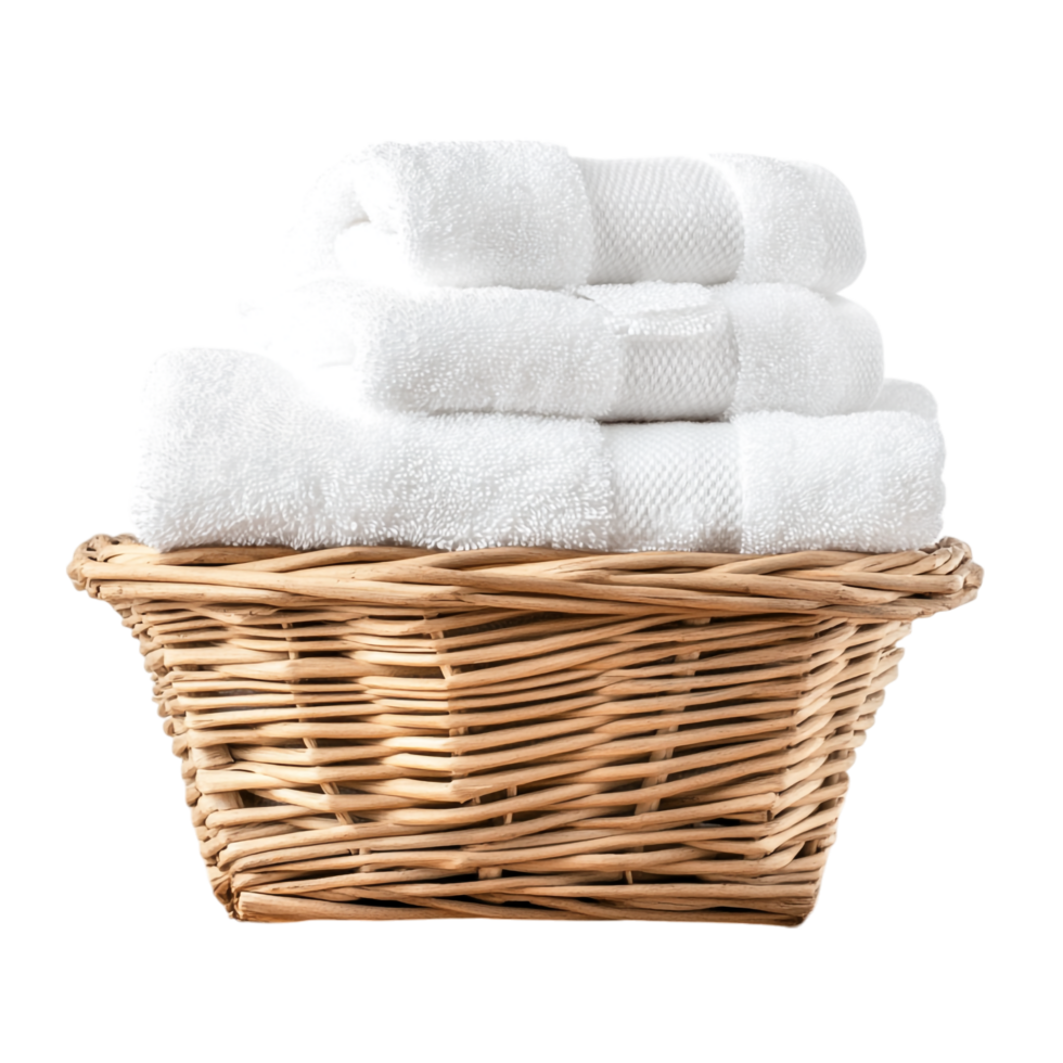 Basket of clean towels on a wooden table isolated against a transparent background png