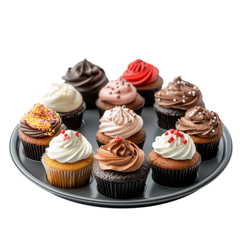 muffin tins with cupcakes on a plate on a transparent background png