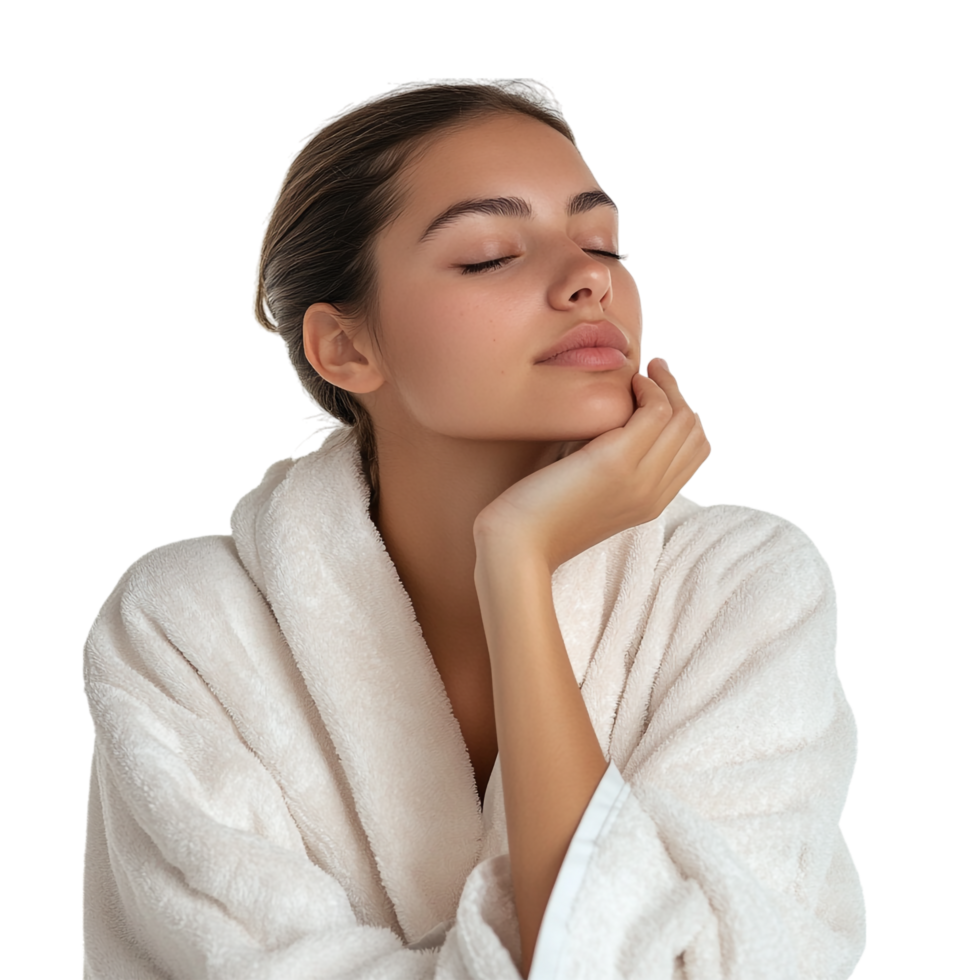 A woman in a robe quietly reflecting, lost in thought png