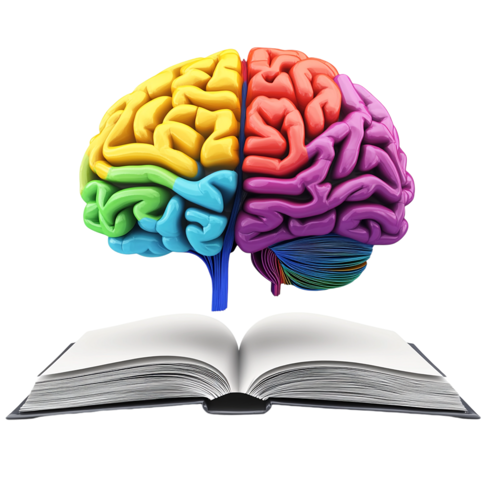 open book with a colorful brain on a transparent background png