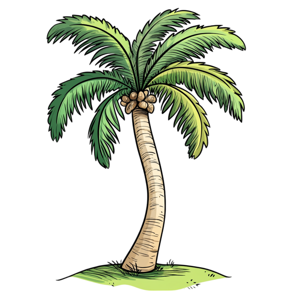 Hand drawn cartoon illustration of a tropical palm tree on a transparent background png