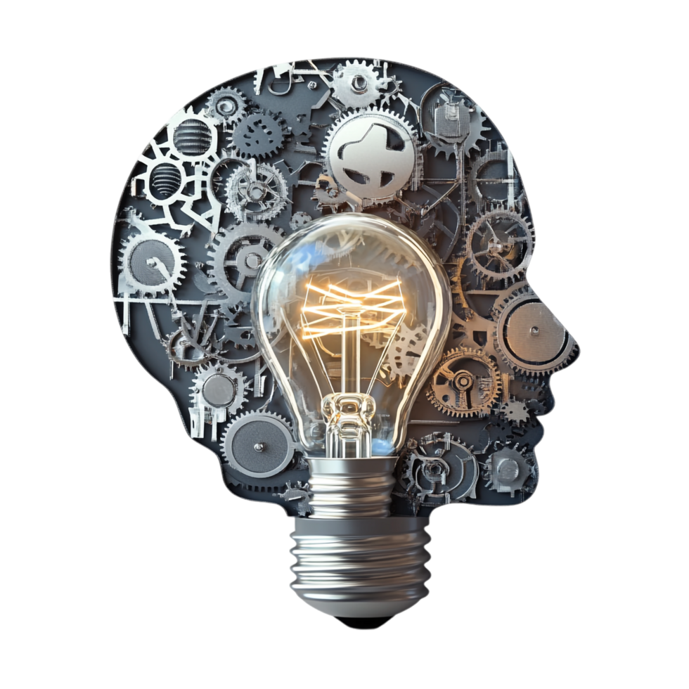 image of a technology head with a brain light bulb and artificial elements png