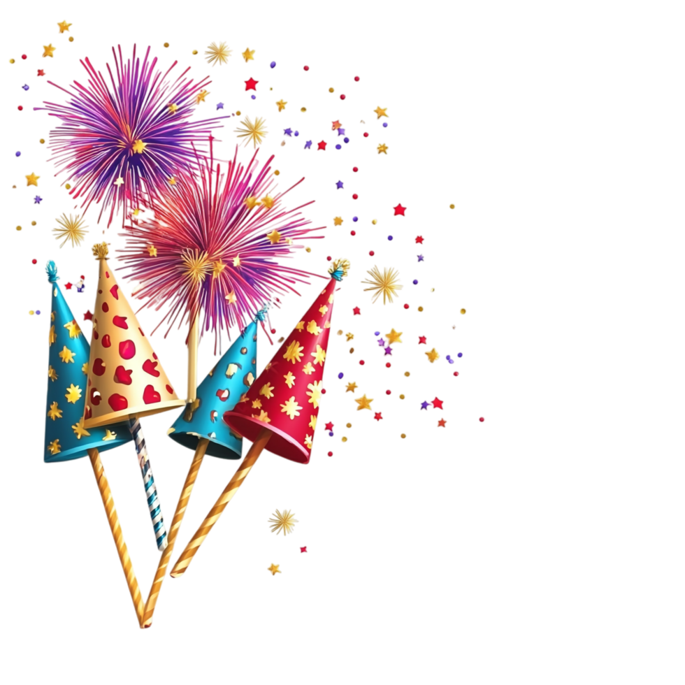Card template with fireworks and party horns png