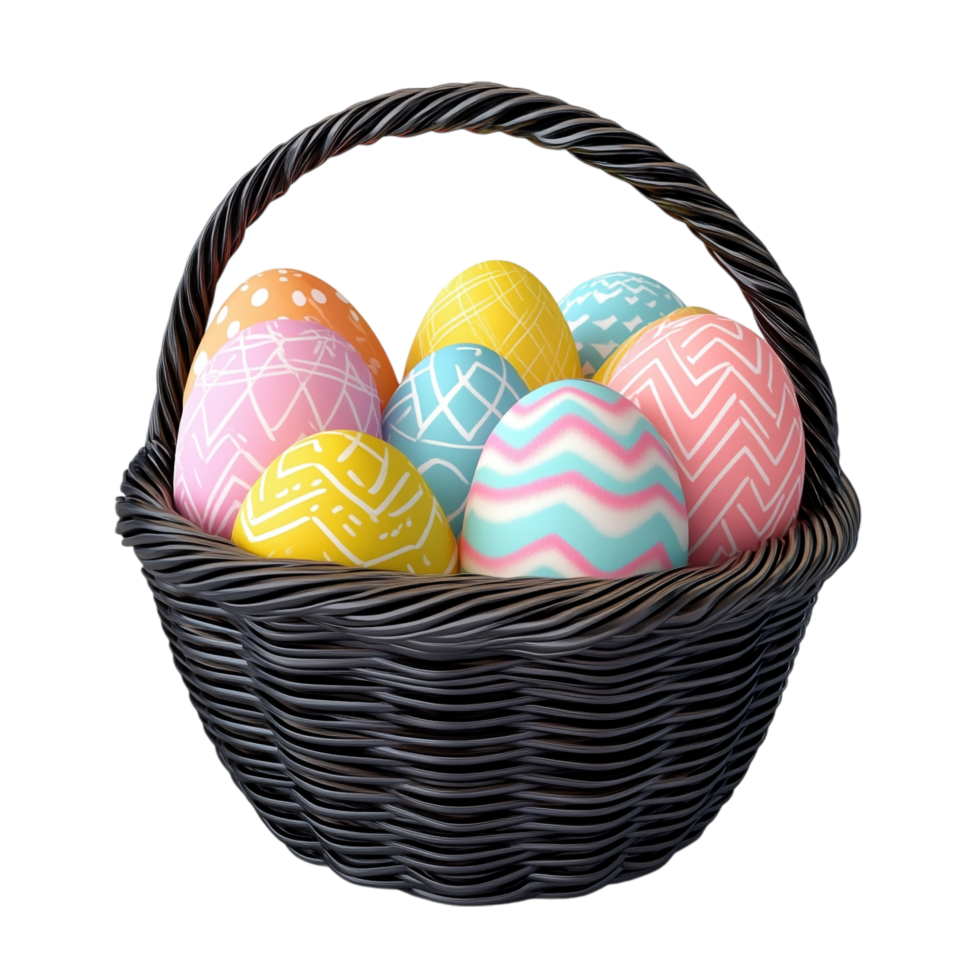 et of Easter eggs in a black basket on a transparent background png