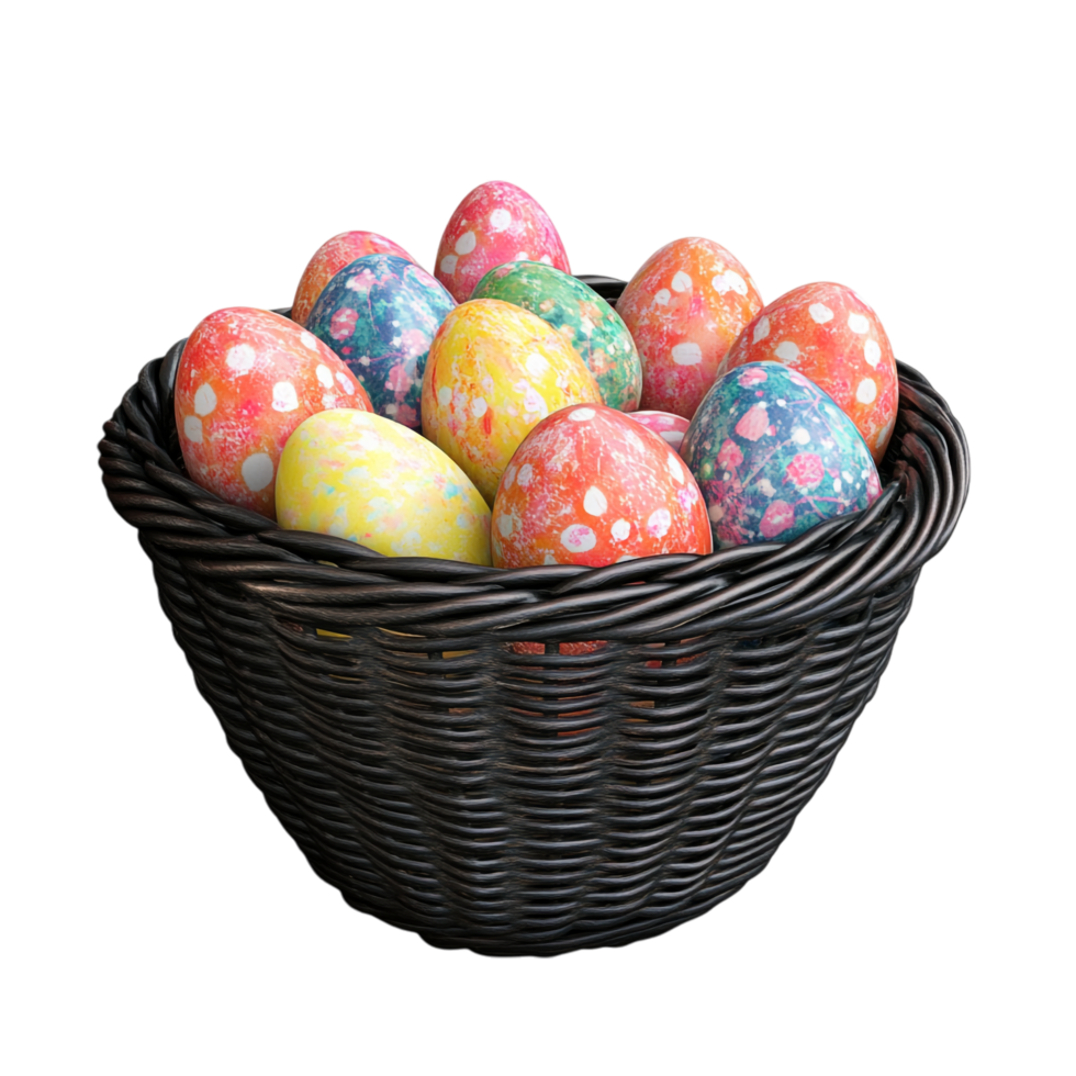 et of Easter eggs in a black basket on a transparent background png