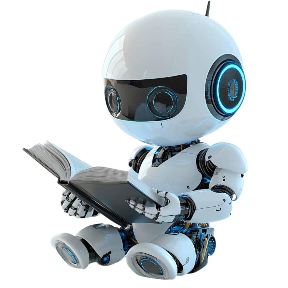Cute AI Robot Chatbot Reading a Book on transparent background png