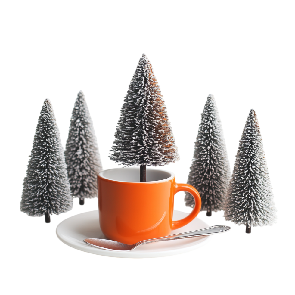 A small Christmas tree an orange cup, and a white saucer png