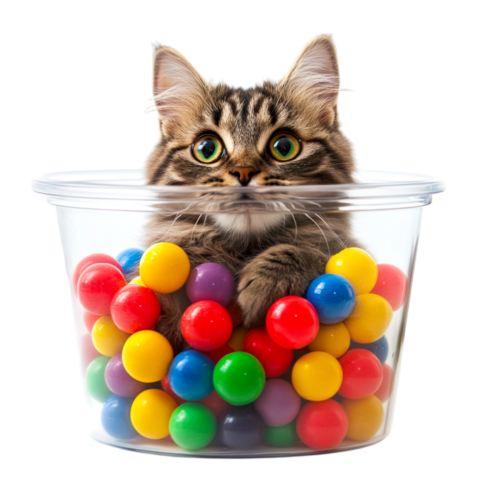 Cat in colorful balls in a large container png