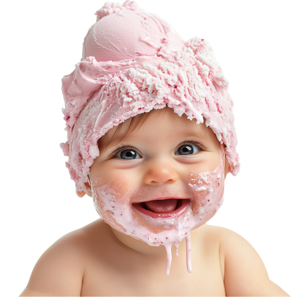 Baby face covered in ice cream isolated against a transparent background png