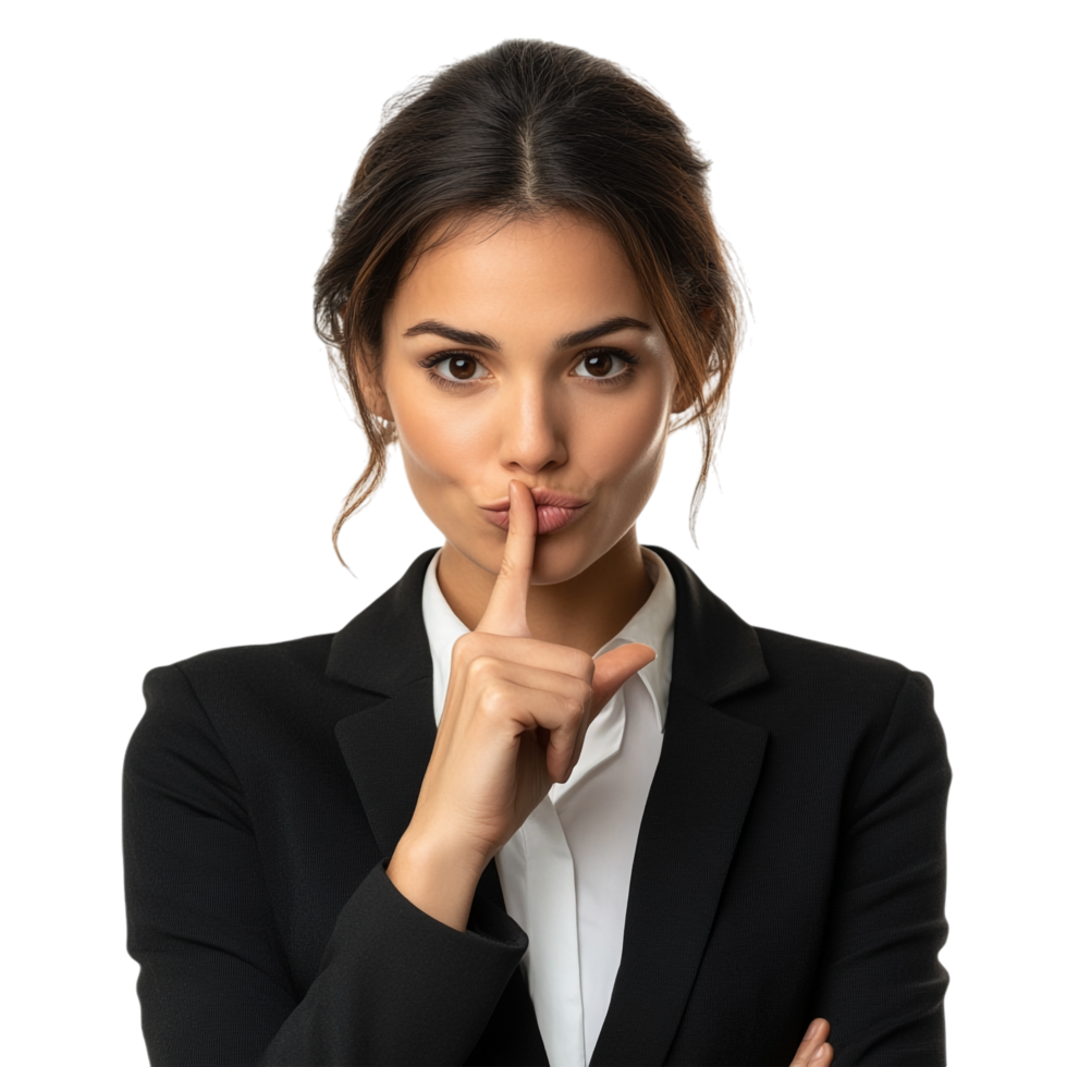 businesswoman making a shush gesture set against a transparent background png