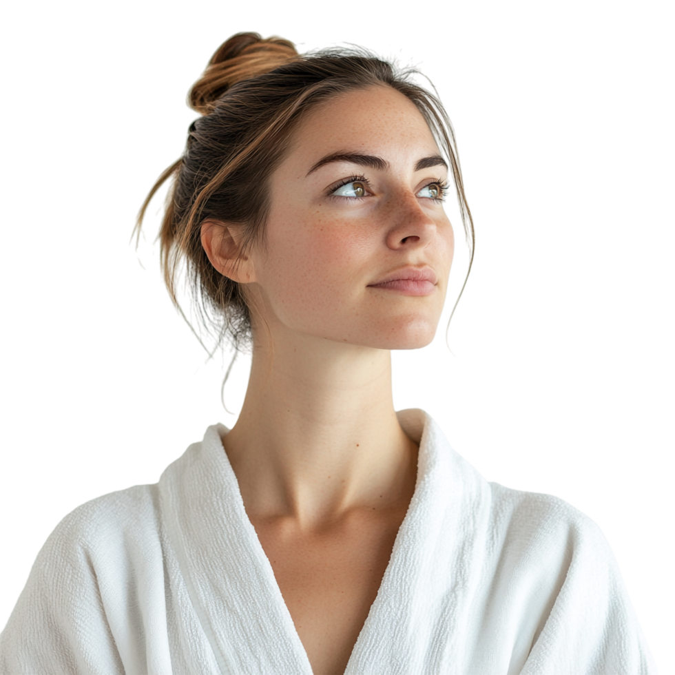 A woman in a robe quietly reflecting, lost in thought png