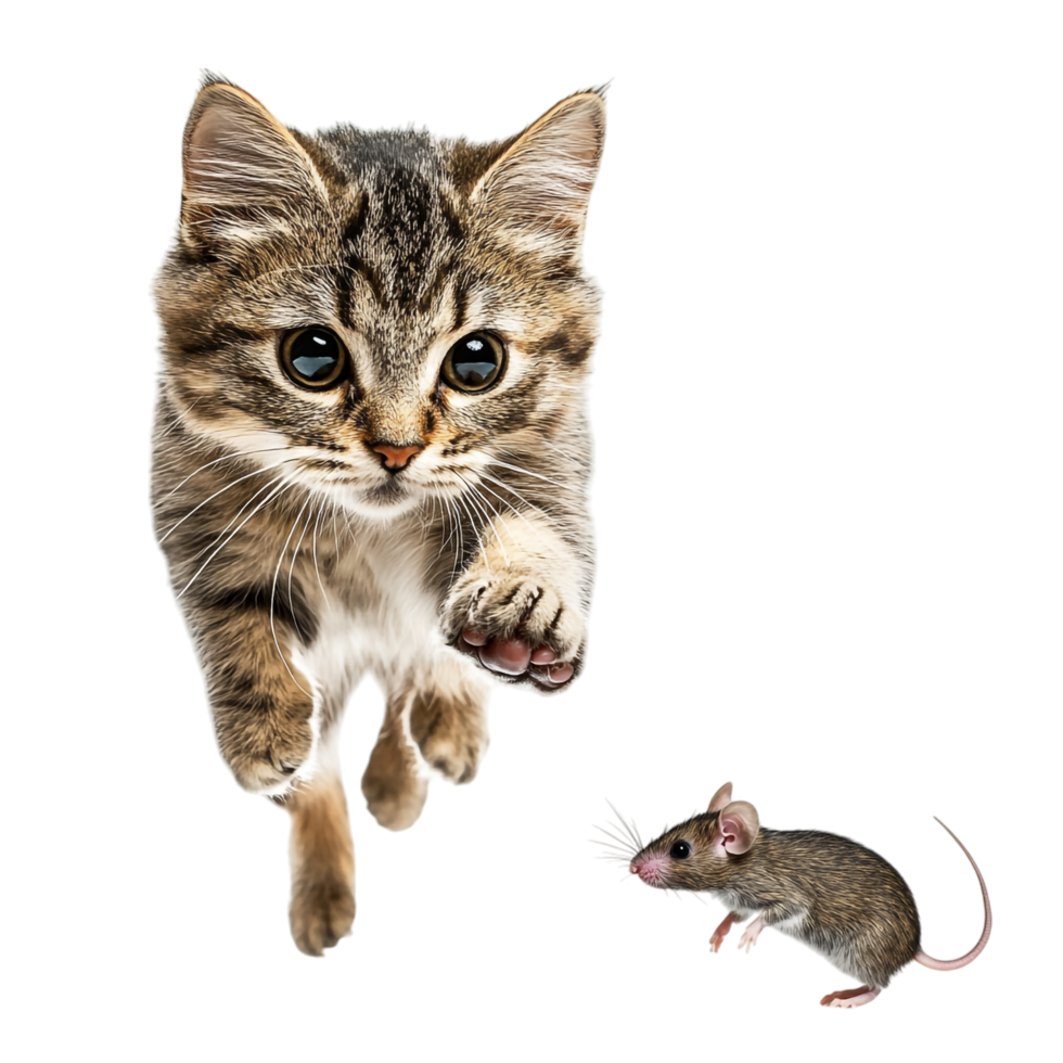 Cat chasing a mouse isolated on transparent background png