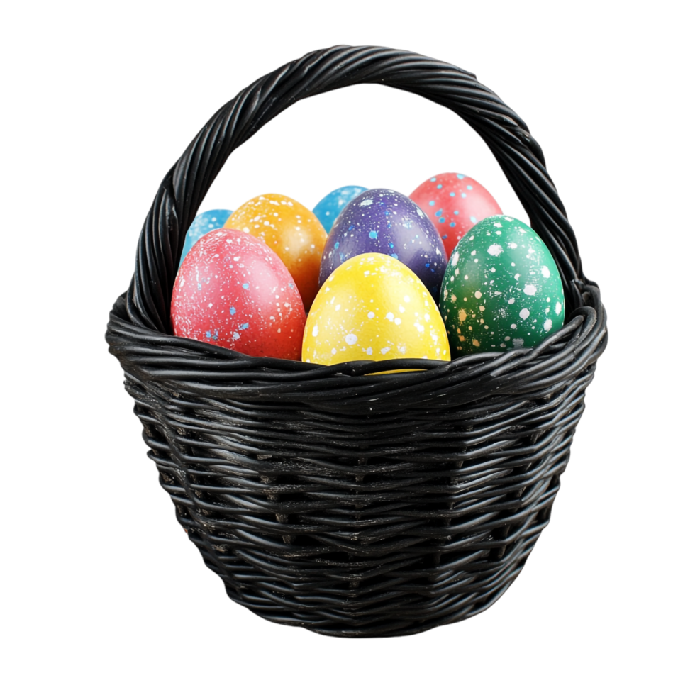 et of Easter eggs in a black basket on a transparent background png