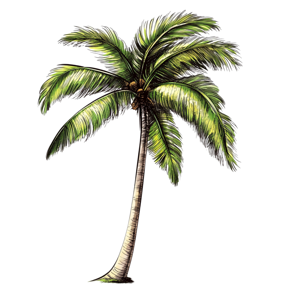 Hand drawn cartoon illustration of a tropical palm tree on a transparent background png