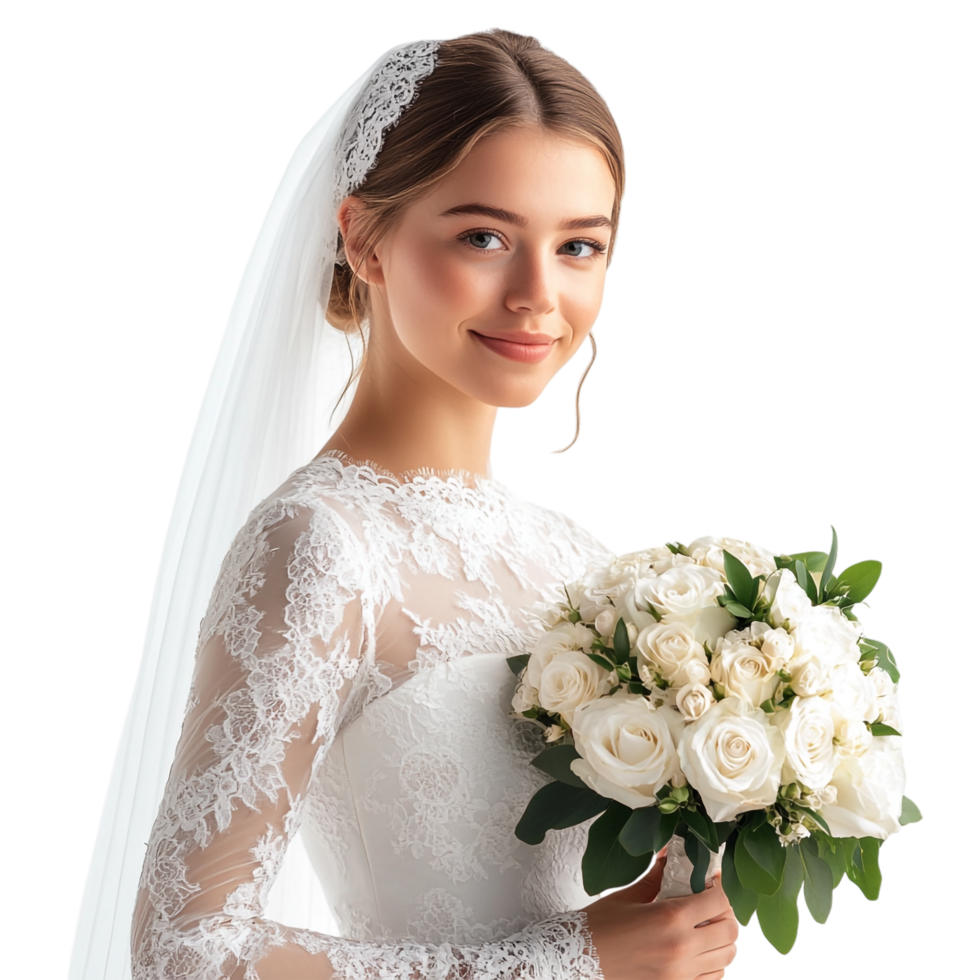 Bride holding a flower bouquet isolated against a transparent background png