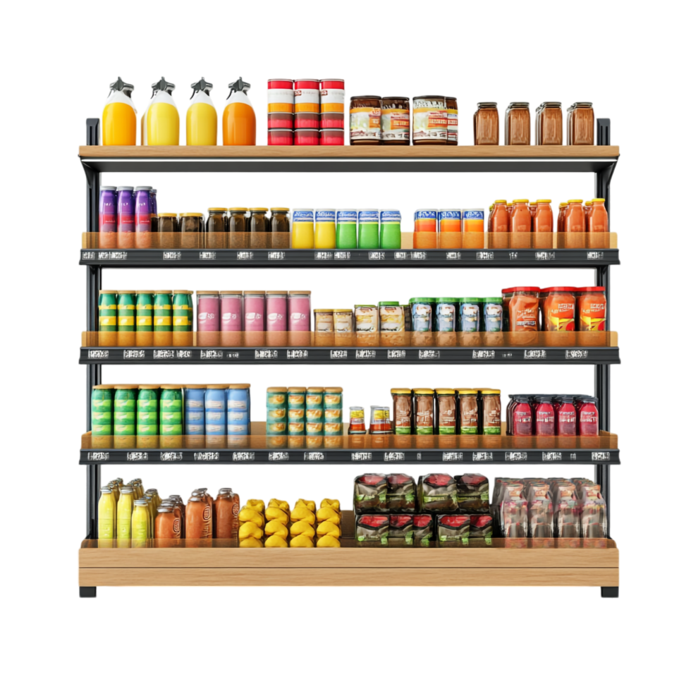 A supermarket shelf displaying goods in various colors png