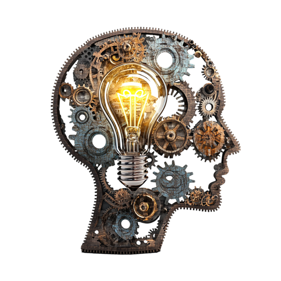 image of a technology head with a brain light bulb and artificial elements png