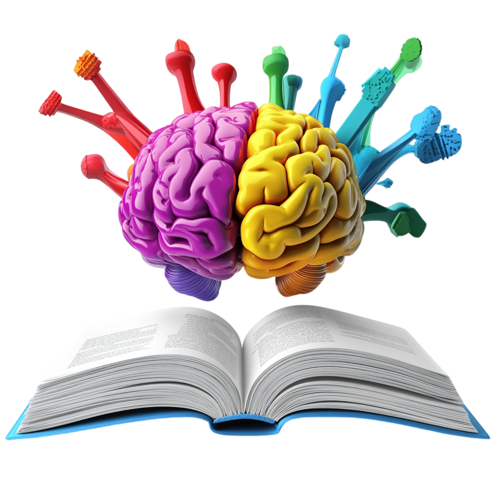 open book with a colorful brain on a transparent background png