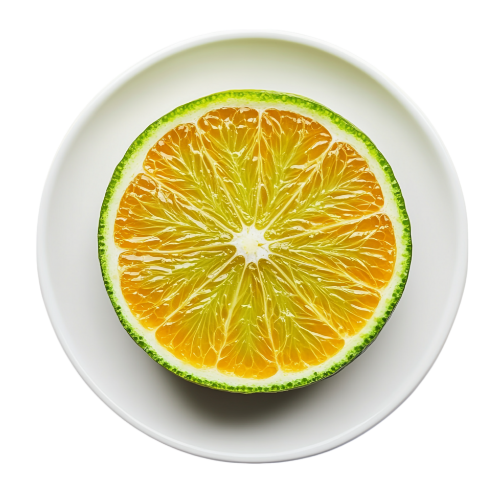 plate with sliced ripe green oranges on a transparent background png