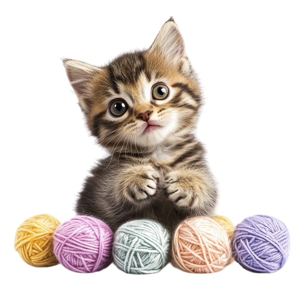 Cute Kitten with Yarn Balls on transparent background png