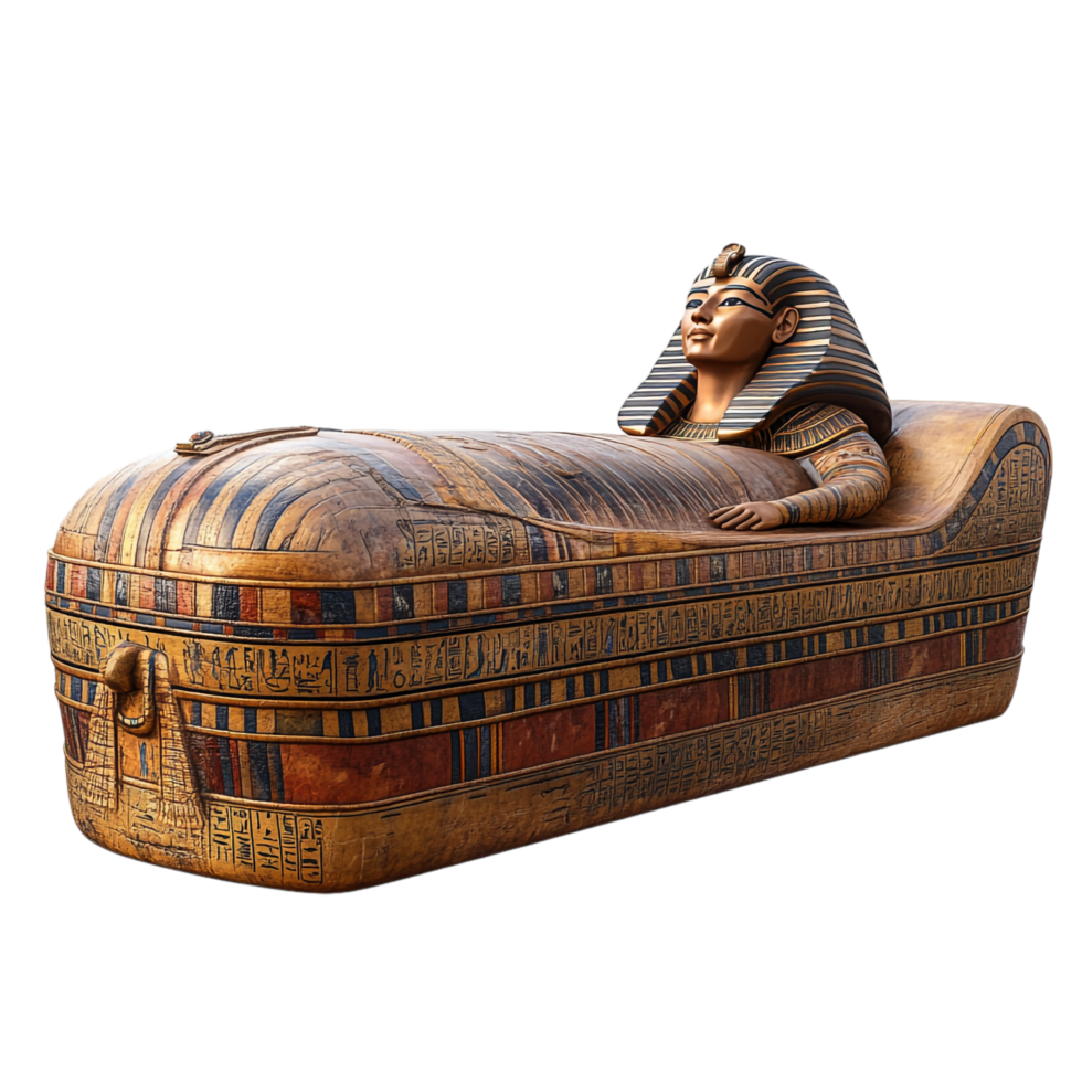 An ancient Egyptian pharaoh's sarcophagus against a transparent background png