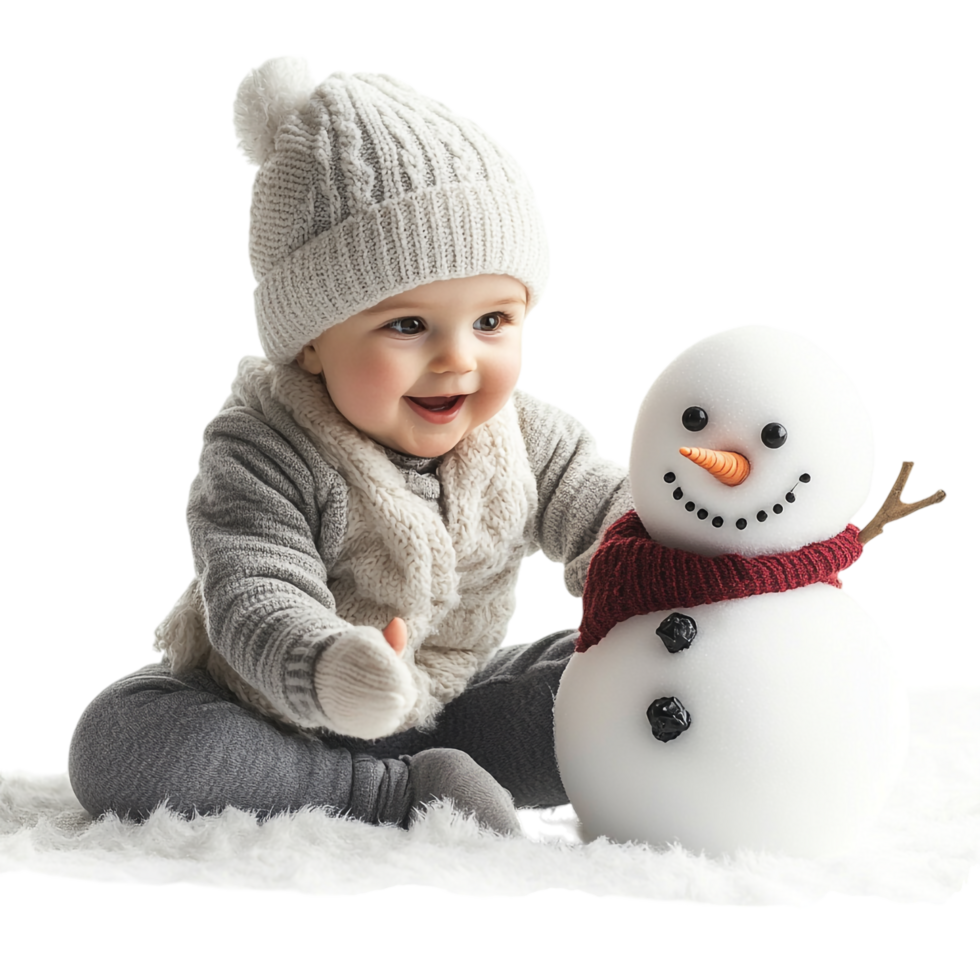 Baby playing with a snowman isolated against a transparent background png