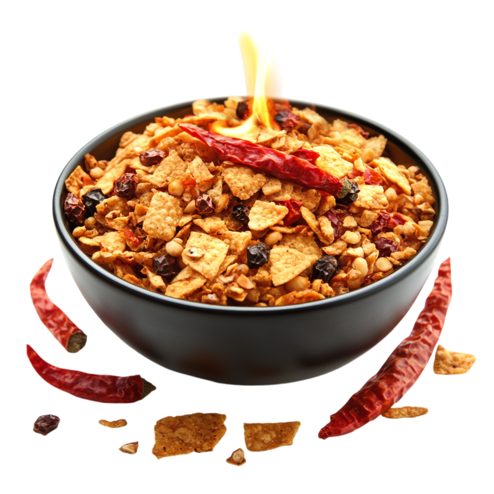 namkeen with chili and fire flames on a transparent background png