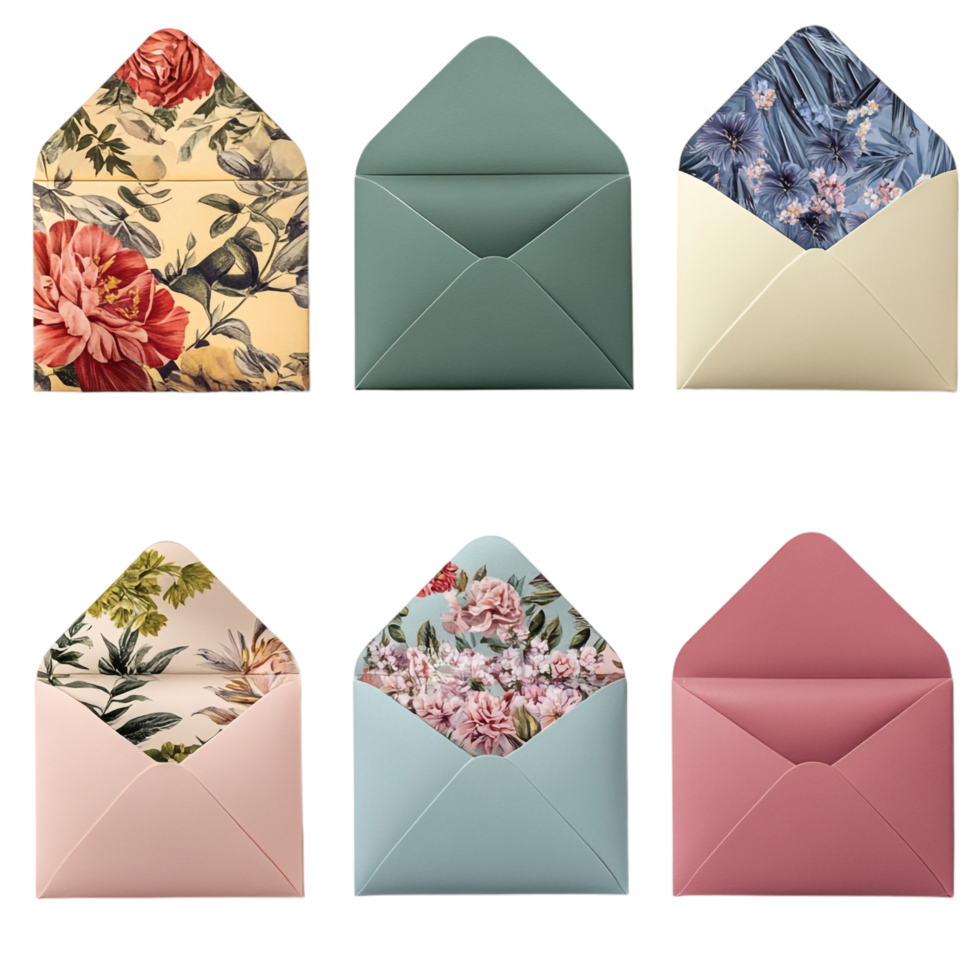 A set of six envelopes with various designs png