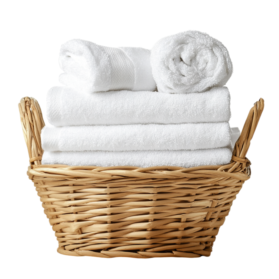 Basket of clean towels on a wooden table isolated against a transparent background png