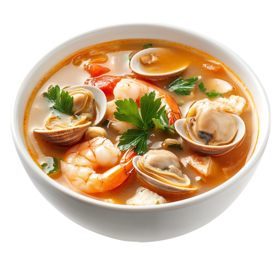 Bowl of soup with clams and shrimp isolated against a transparent background png