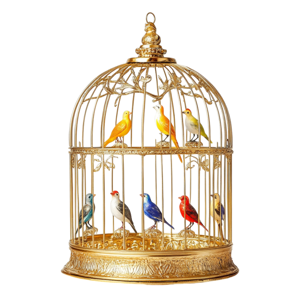 Golden Birdcage with Fake Little Birds Inside png