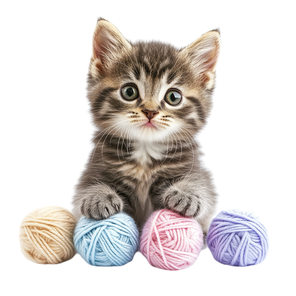 Cute Kitten with Yarn Balls on transparent background png