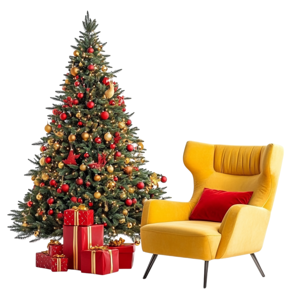 Christmas tree with red gifts and yellow armchair png