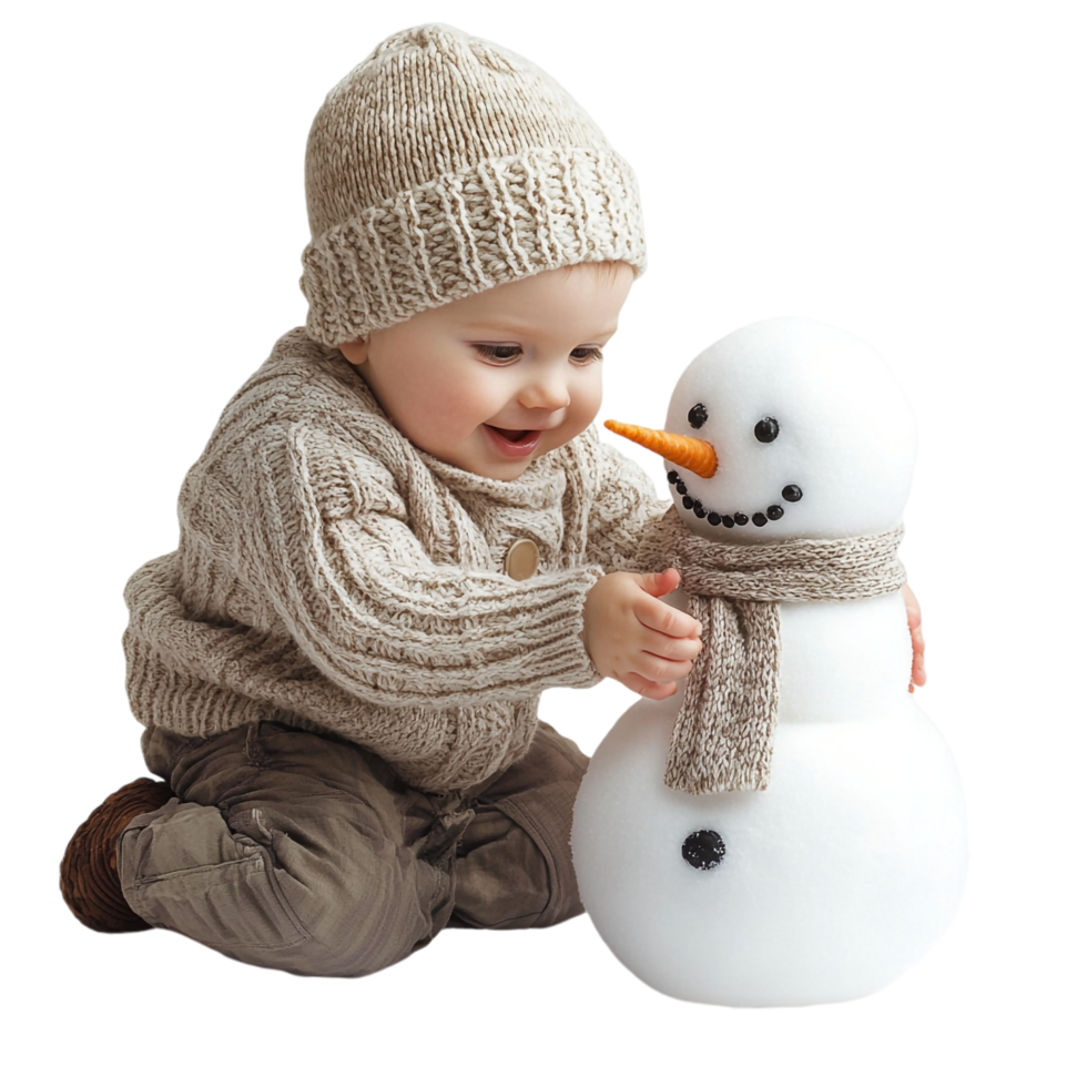 Baby playing with a snowman isolated against a transparent background png
