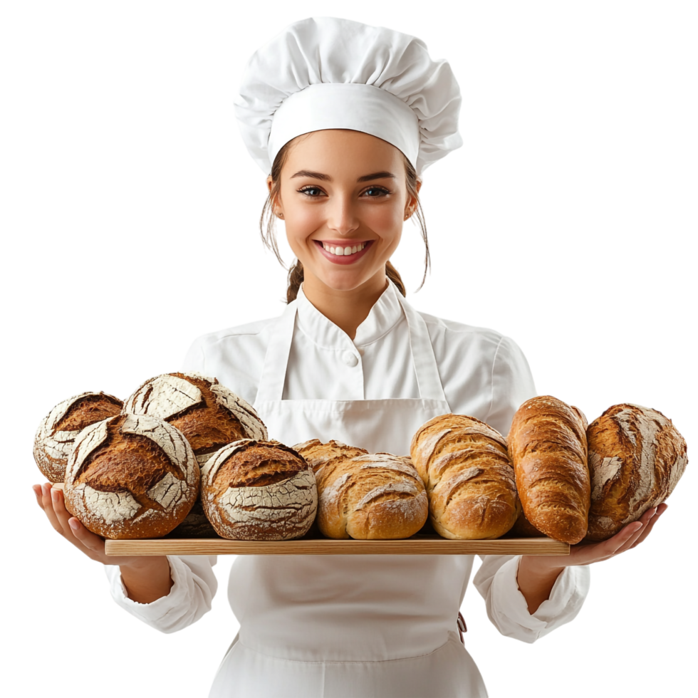 Female Baker Holding Tray of Bread on transparent background png
