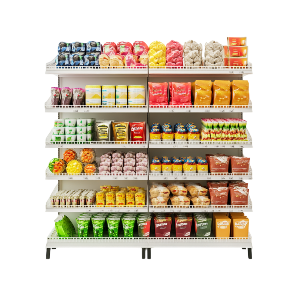 A supermarket shelf displaying goods in various colors png