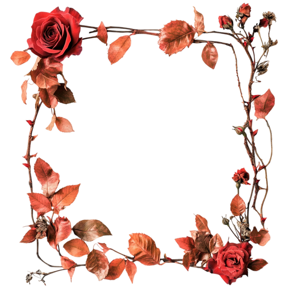 Aesthetic Boho Frame with Red Rose and Dry Leaves Isolated Against transparent background png