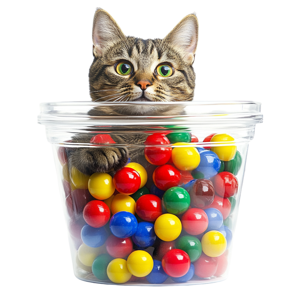 Cat in colorful balls in a large container png