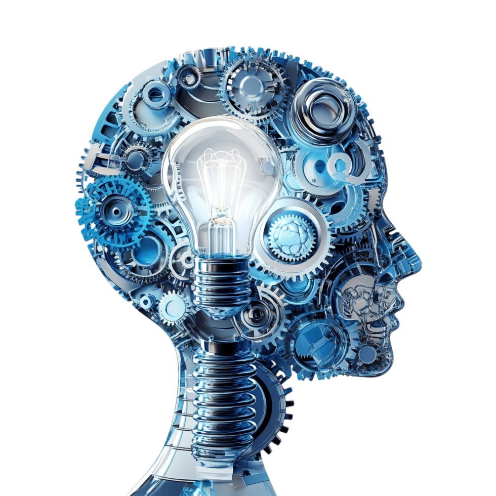 image of a technology head with a brain light bulb and artificial elements png