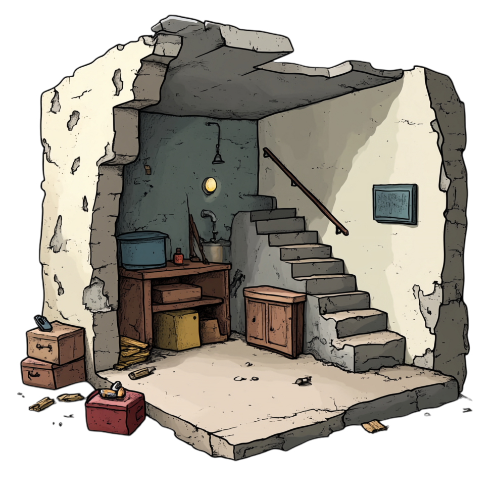 Hand drawn cartoon illustration of a basement scene png