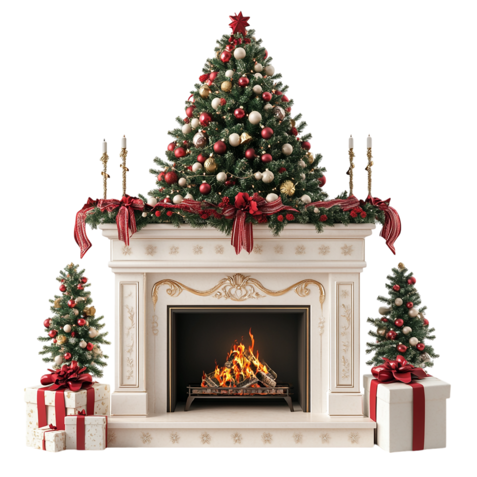 3D rendering of Christmas tree and fireplace png