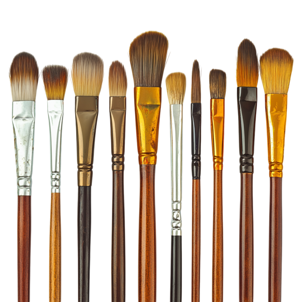An assortment of painting brushes against a transparent background png