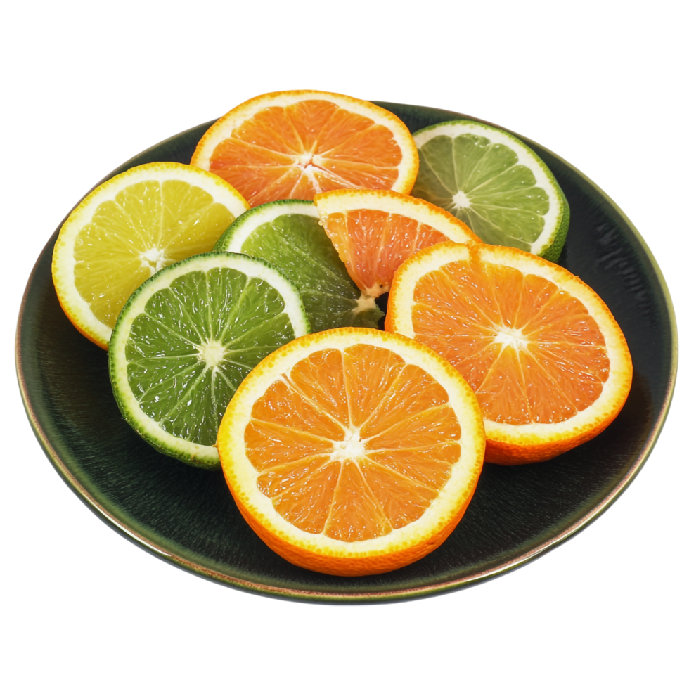 plate with sliced ripe green oranges on a transparent background png
