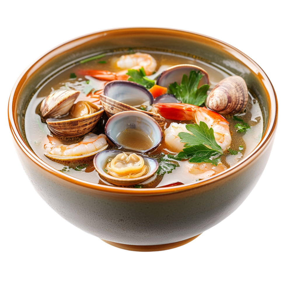Bowl of soup with clams and shrimp isolated against a transparent background png