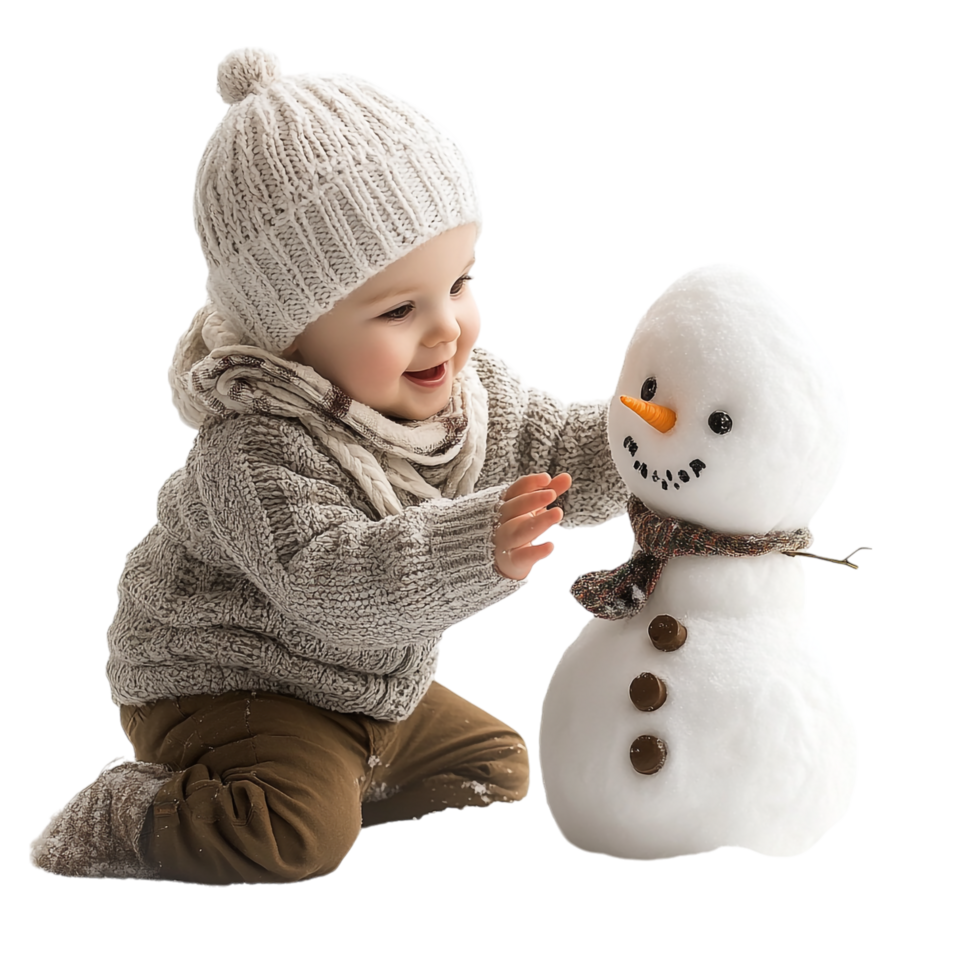 Baby playing with a snowman isolated against a transparent background png